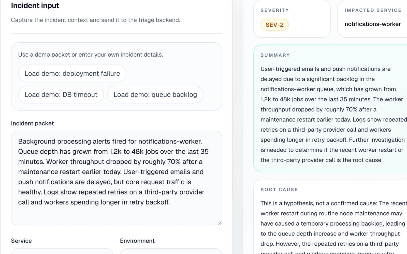 Incident Triage Copilot demo form and structured triage brief populated with a sanitized sample incident.